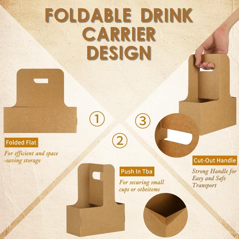 tchrules 60 pcs Brown Kraft Paper 2 Cup Drink Carrier with Handle – Disposable Kraft Paperboard Cup Holder for Hot or Cold Drinks, Take-Out Cup Carrier & Coffee Carrier for Food Delivery, 2-Cup Drink Tray - Image 2
